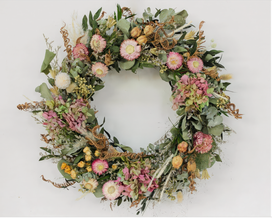 Blush Blooms Decorative Spring Wreaths for Front Door 16 In. Dried Flower Summer Wreath Hydrangea Eucalyptus Leaves Floral Wreath for Home Wall Wedding