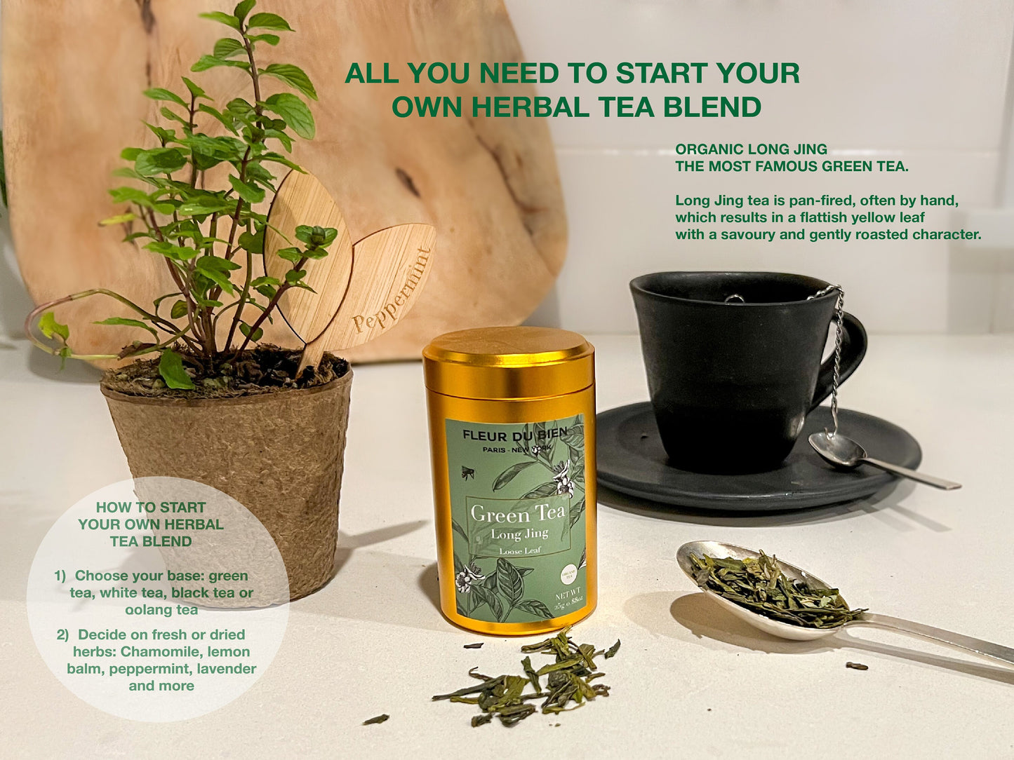 Fleur Du Bien Loose Leaf Green Tea Tin With Herb Garden Seeds Planter Kit Dragonwell Green Tea 5 Herbal Tea Seeds with Planter Tea Strainer